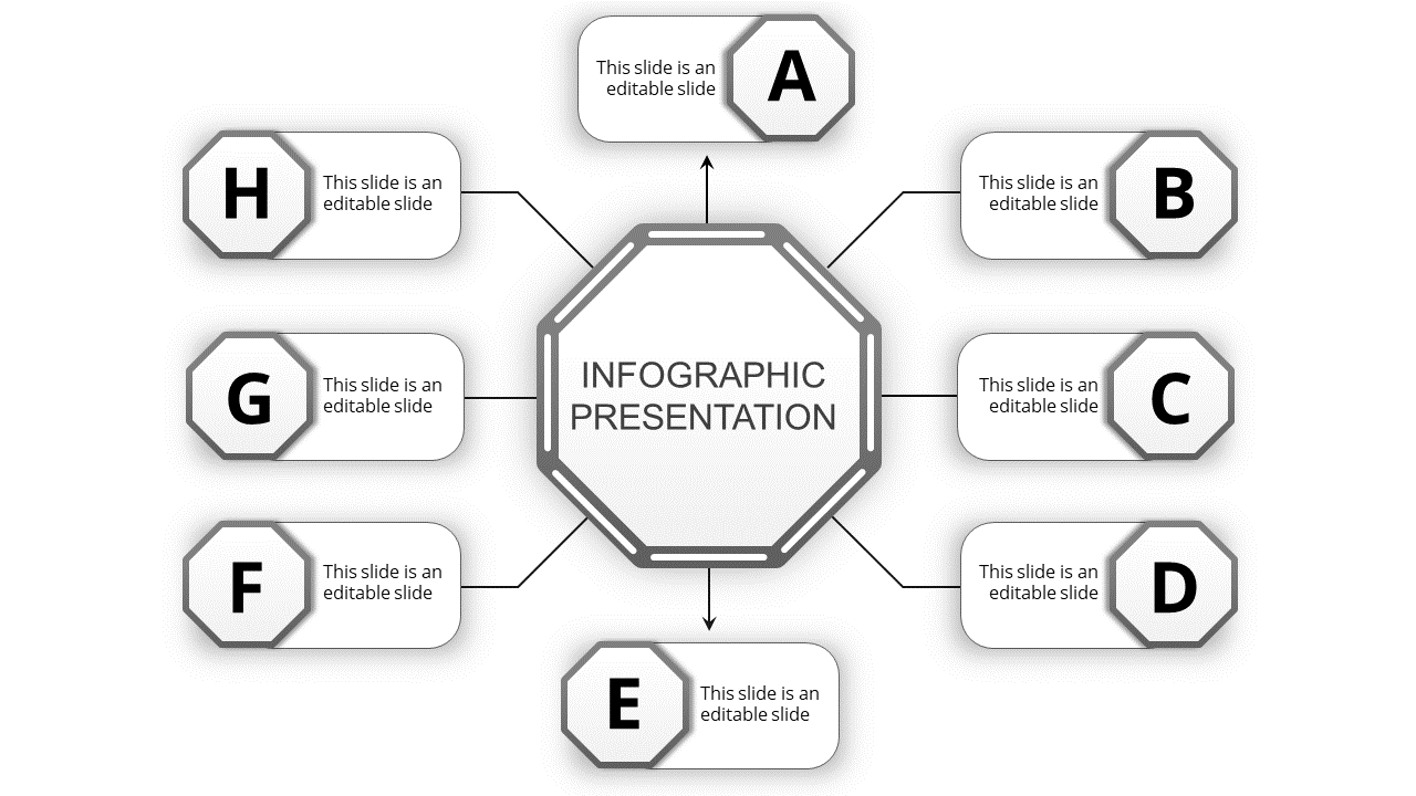 Infographic presentation slide with an octagon in the center and labeled sections A to H connected around it.