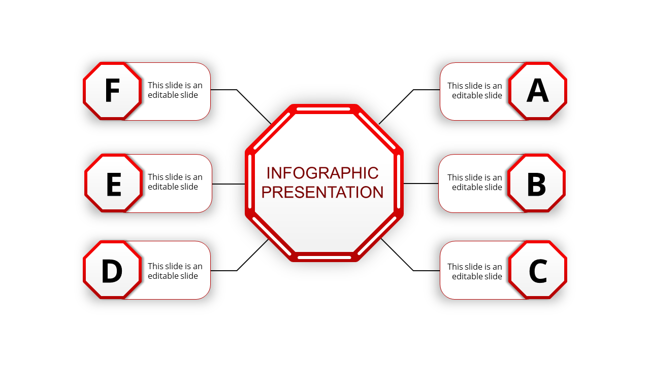 Infographic slide with a central octagon connected to six labeled sections marked A to F, all featuring text areas.