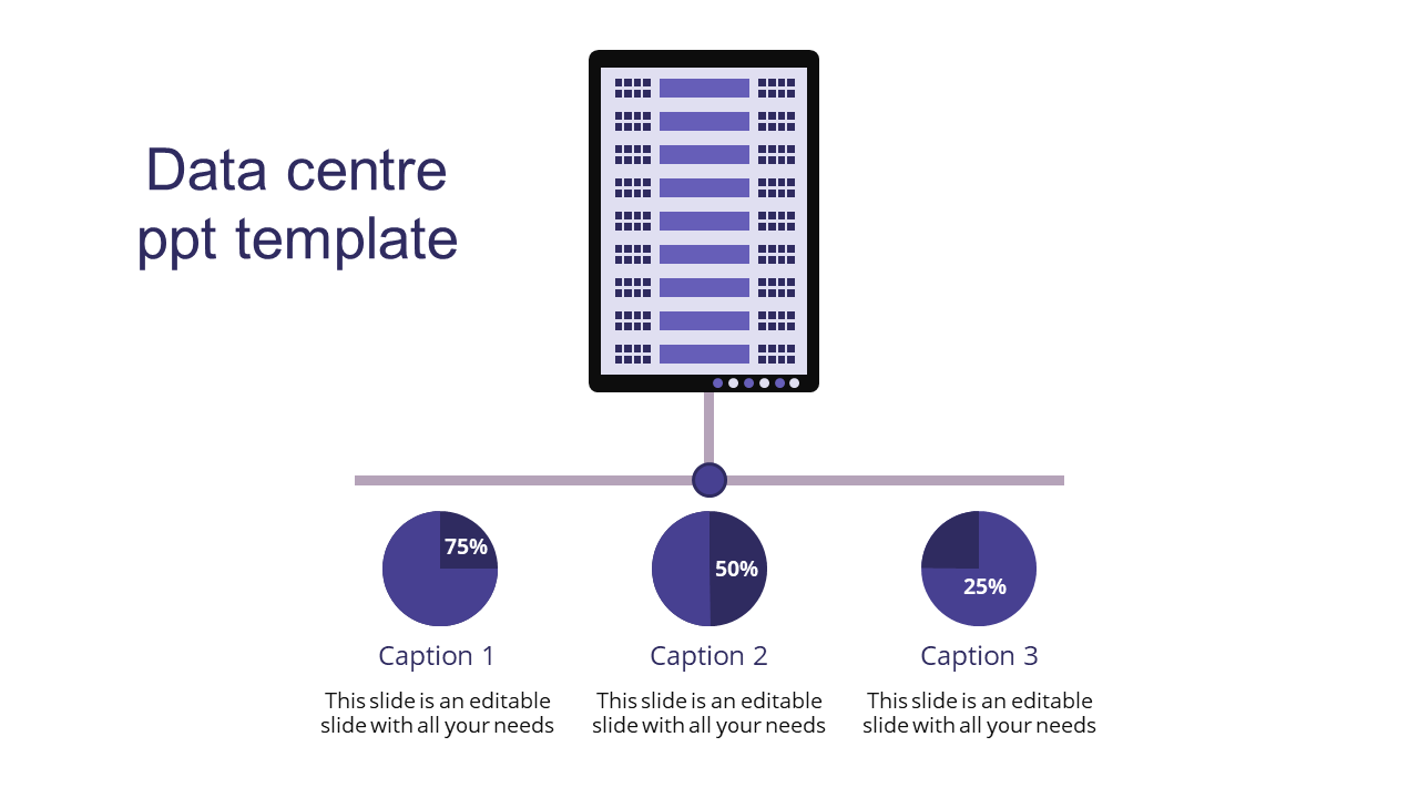 Data center slide featuring a central server graphic with three circular percentage indicators below on a purple theme.