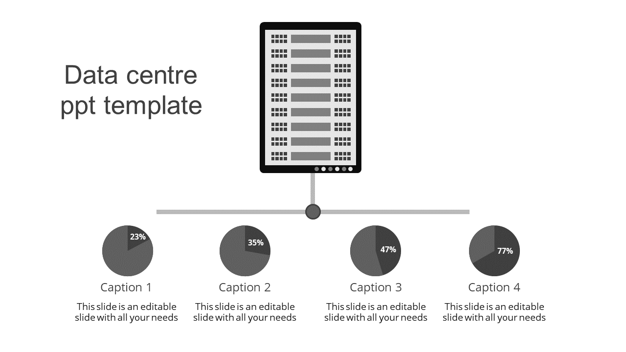 Data center PowerPoint template featuring a server graphic and pie chart statistics with captions.