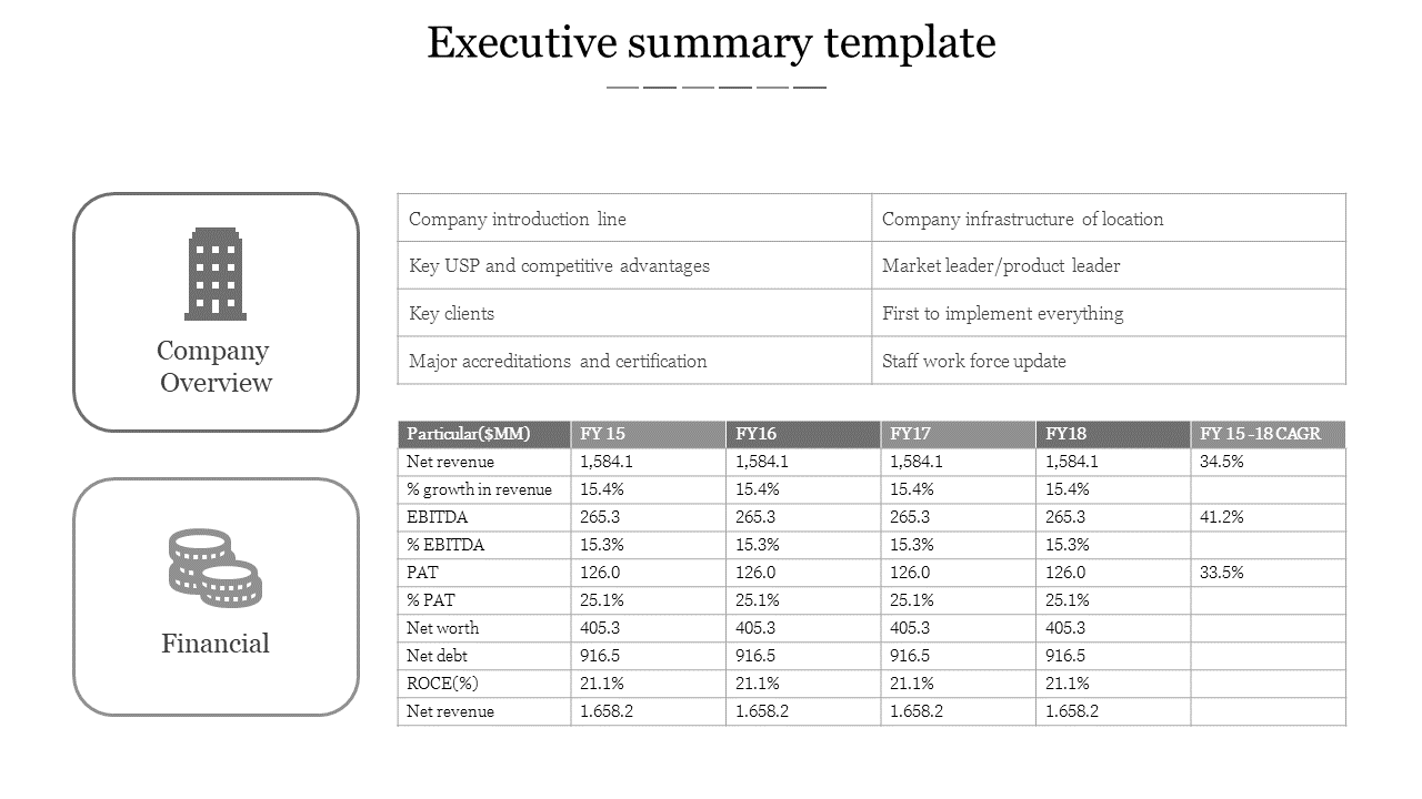 Executive summary slide with text blocks and a tabular financial report showing company overview in a simple layout.