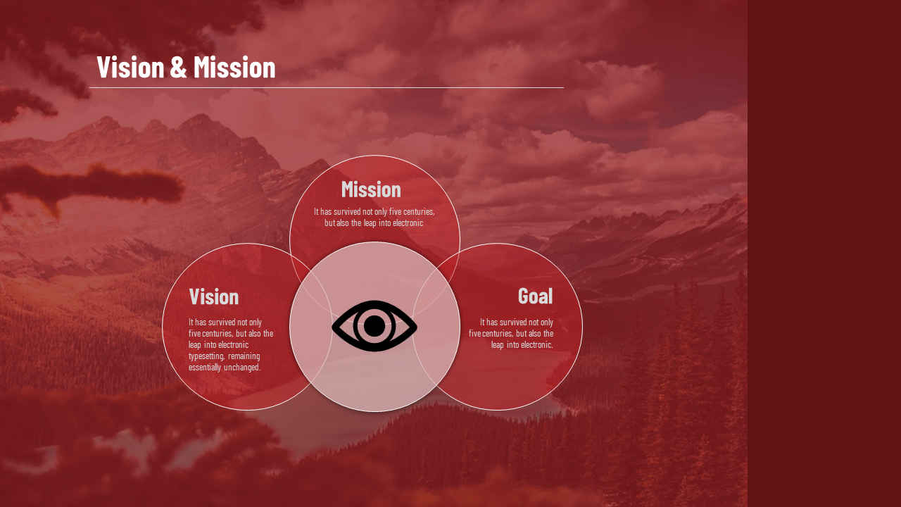 Three-circle Venn diagram with vision, mission, and goal, centered around an eye icon on a red mountain background.