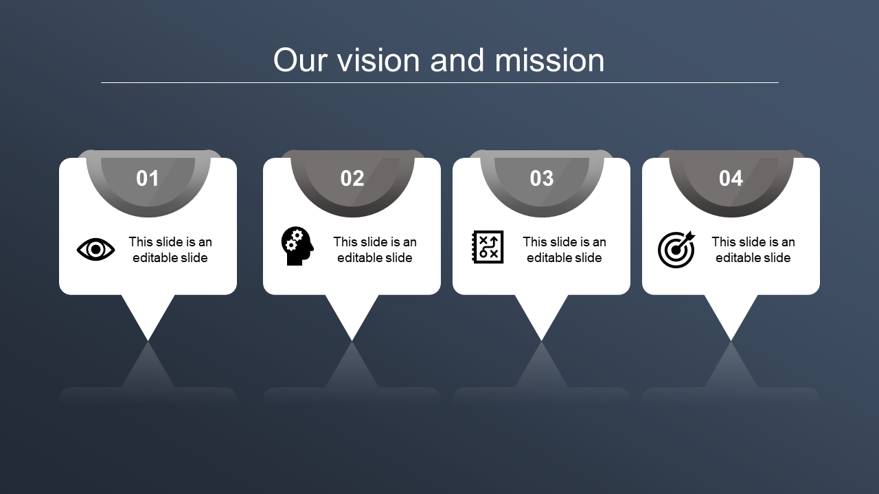 Four white speech bubble shapes with gray headers and icons, representing vision and mission steps, on a dark blue backdrop.