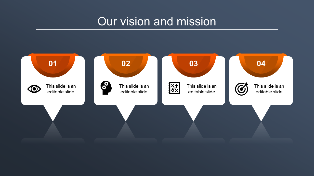 Vision and mission PowerPoint template with icons and orange numbered sections with placeholder text. 