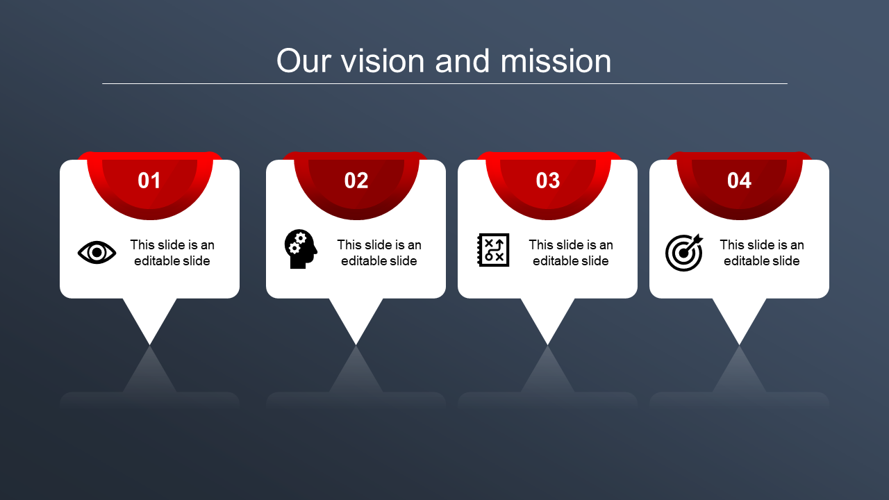 Horizontal layout of four numbered steps with icons, featuring a red and white design on a gradient dark blue backdrop.