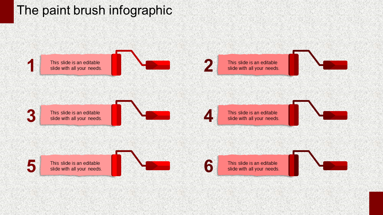 Infographic template with six red paintbrush segments, numbered 1 to 6, arranged in two columns.