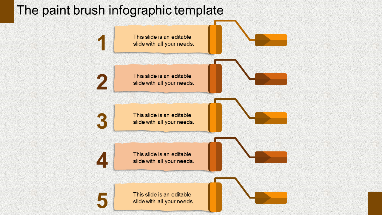 Beige paintbrushes numbered 1 to 5, arranged vertically with orange handles, on a textured background.