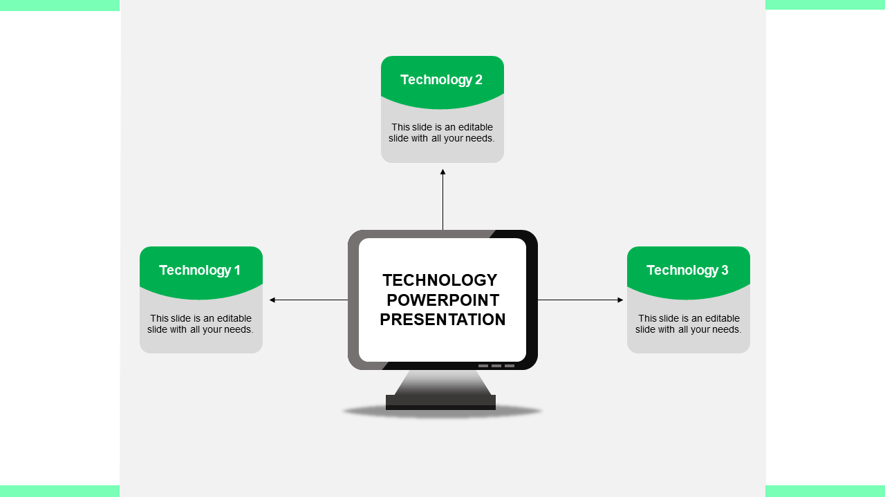 Technology presentation concept with a monitor connected to three technology elements in green boxes.