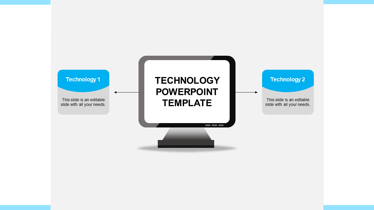 Central monitor illustration in black and white with text, linked with two blue text boxes on a light gray background.