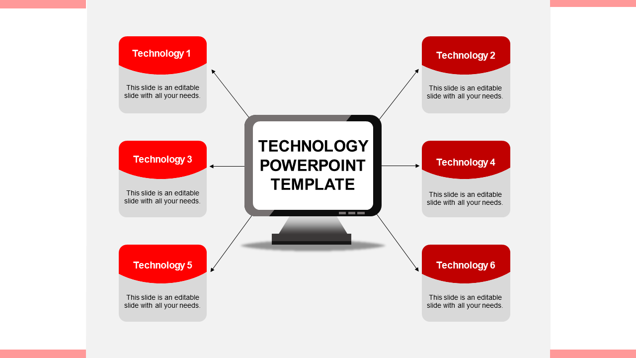 Central monitor graphic in gray and black, surrounded by six red text boxes connected with arrows on a gray background.