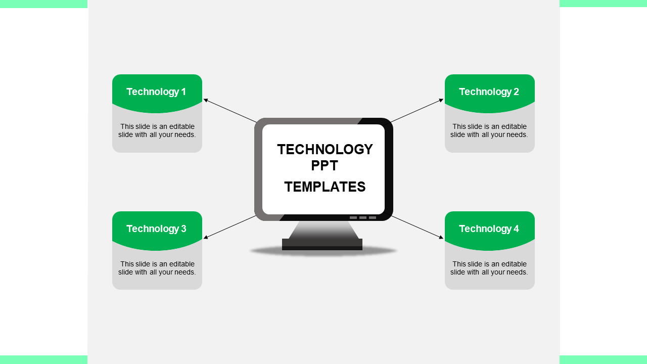 Technology PowerPoint template with four green sections each connected to a central computer icon with placeholder text.