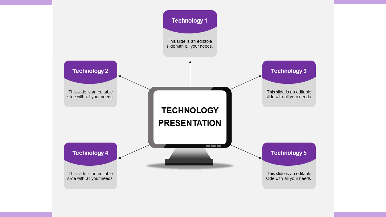 Technology presentation template with five purple sections labeled Technology 1 through 5 with placeholder text.