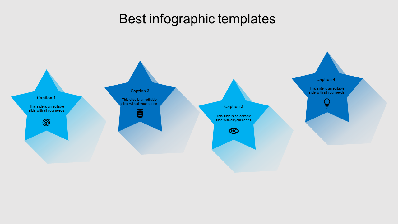 Infographic PowerPoint slide showing four blue star shapes, each with a unique icon and caption with placeholder text.