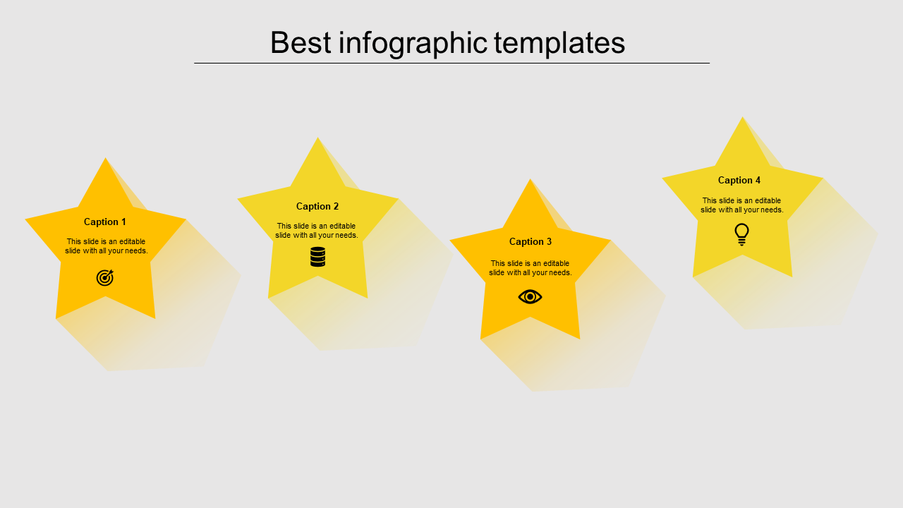 Four yellow star-shaped infographics with icons and captions areas placed in a white background.