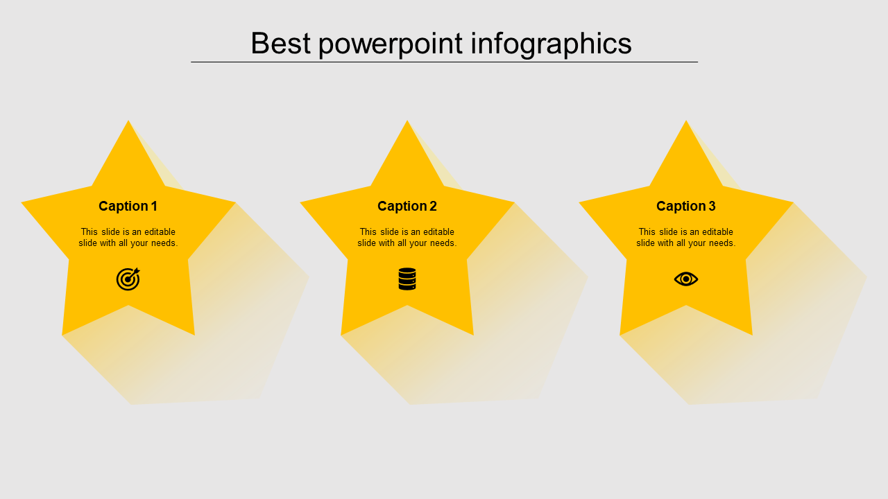 Slide with three yellow star shapes, each labeled with captions, icons and text inside.