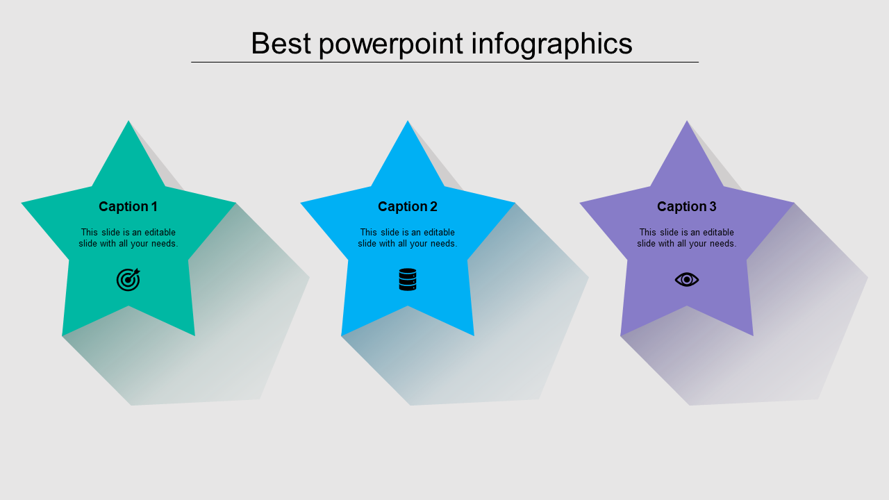 Three colorful star shaped infographic elements in teal, blue, and purple on a light gray background.