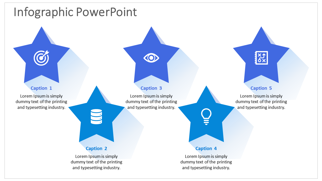 Infographic PowerPoint slide featuring five blue stars with icons for concepts such as goals, visualization, and strategy.