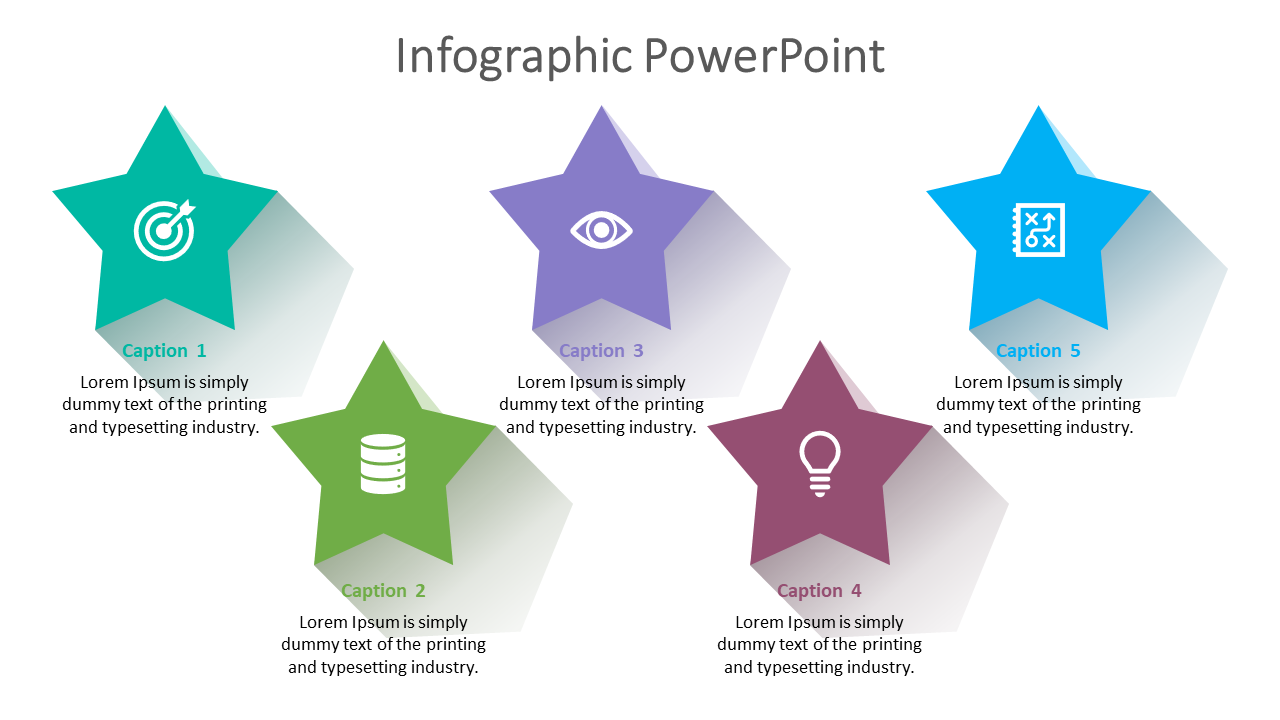 Slide featuring teal, purple, blue, green, and brown stars with captions, icons, and supporting text.