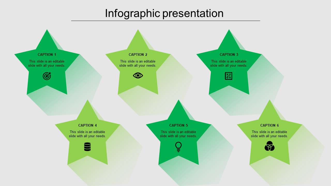 Infographic layout with six green star shaped elements containing icons and captions, set against a light background.