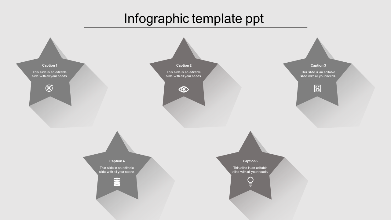 Gray star shaped best infographic template with five sections labeled Caption 1 to 5 with icons and placeholder text.