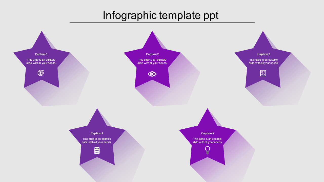 Purple star shaped infographic layout with five sections containing captions and icons, set on a light background.