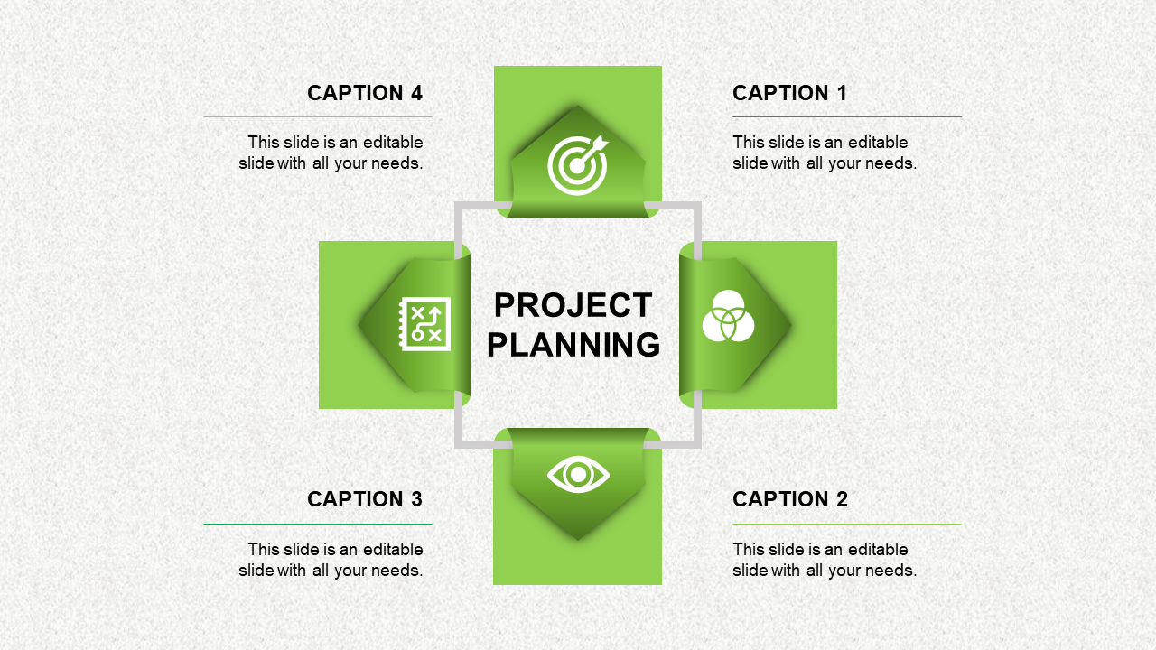 Project planning slide with a central title and four surrounding sections for key aspects of project management with icons.