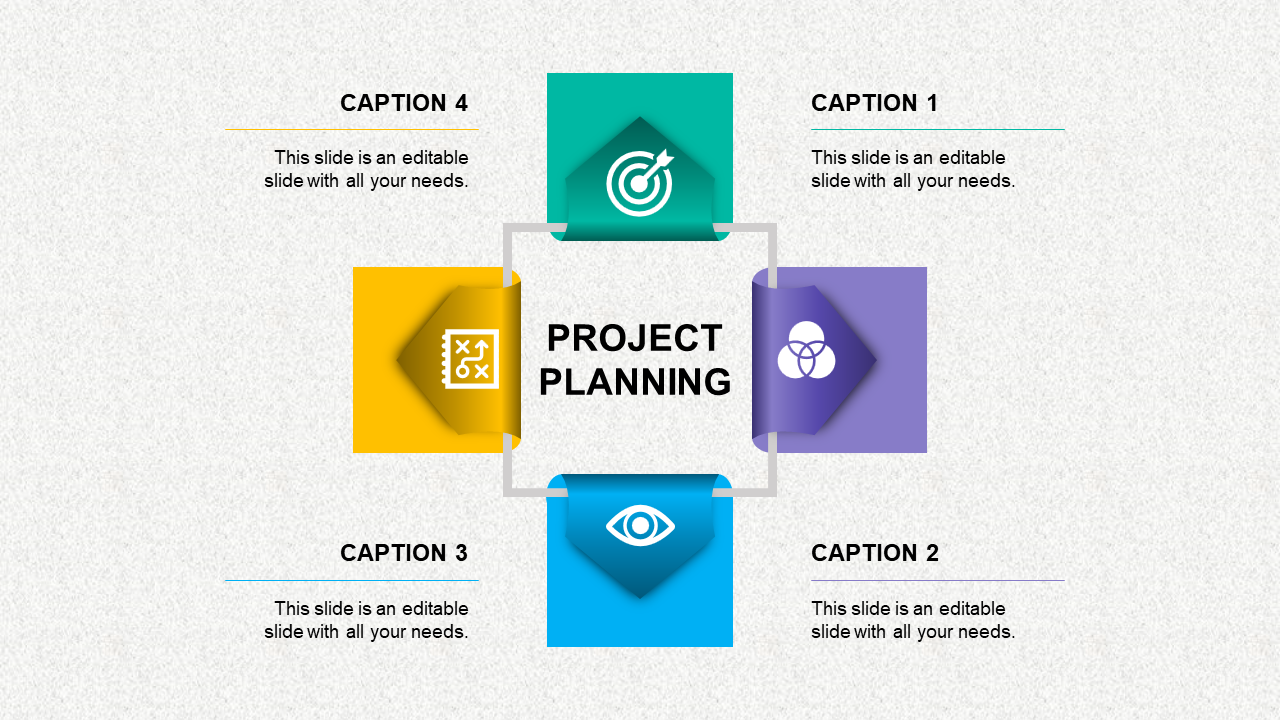 A colorful project planning template with four icons and sections surrounding the central title with placeholder text.