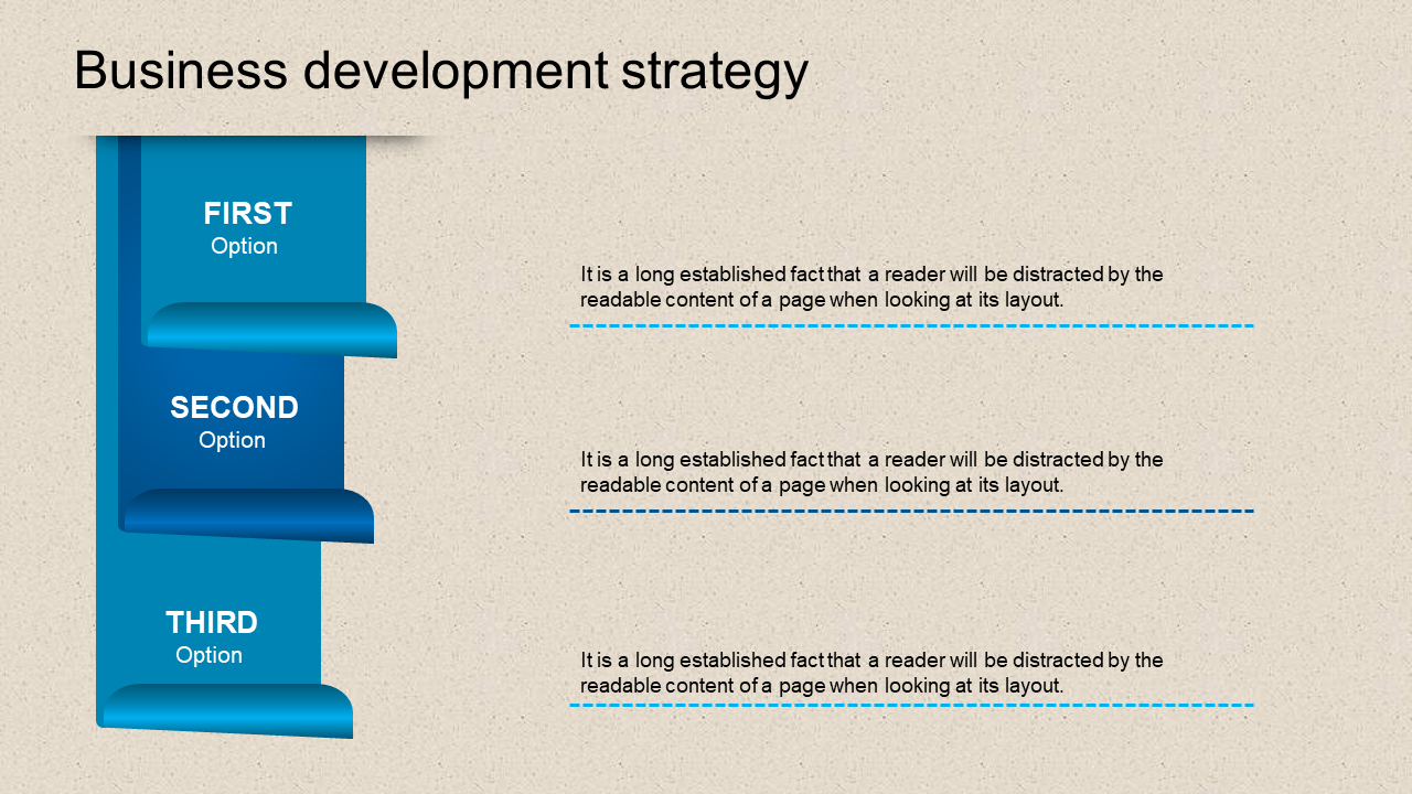 Three-tiered blue staircase diagram for business development strategy options with three caption areas placed in a cream backdrop.