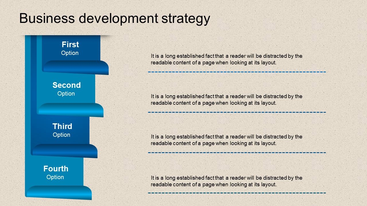 Business development strategy PPT slide with four blue options displayed as steps, each with a descriptive caption.