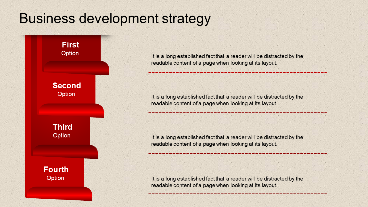 Red ribbon with four sections for options, each linked to right aligned text boxes with dashed lines beneath.