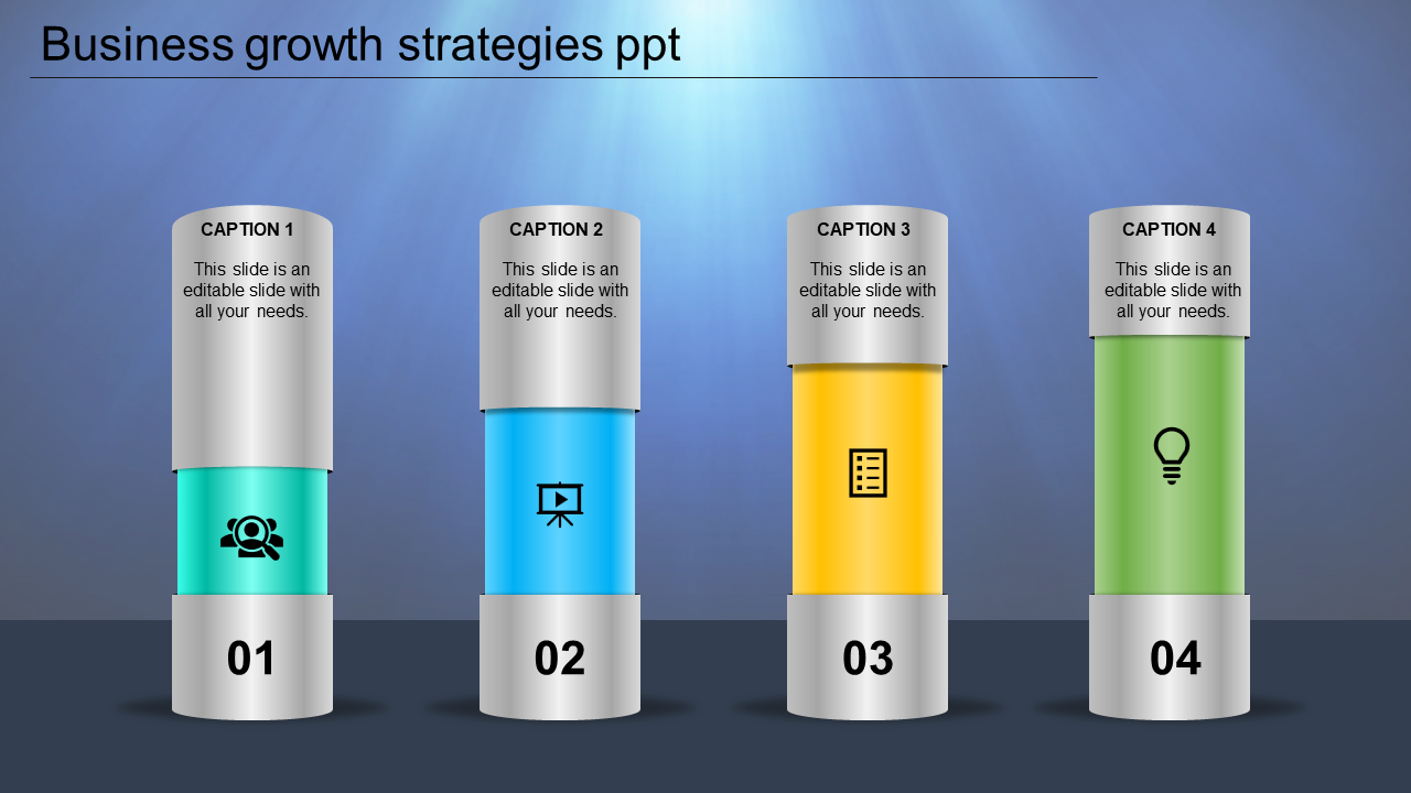 Four colorful cylindrical pillars in green, blue, yellow, and teal, each with captions and icons for business growth.