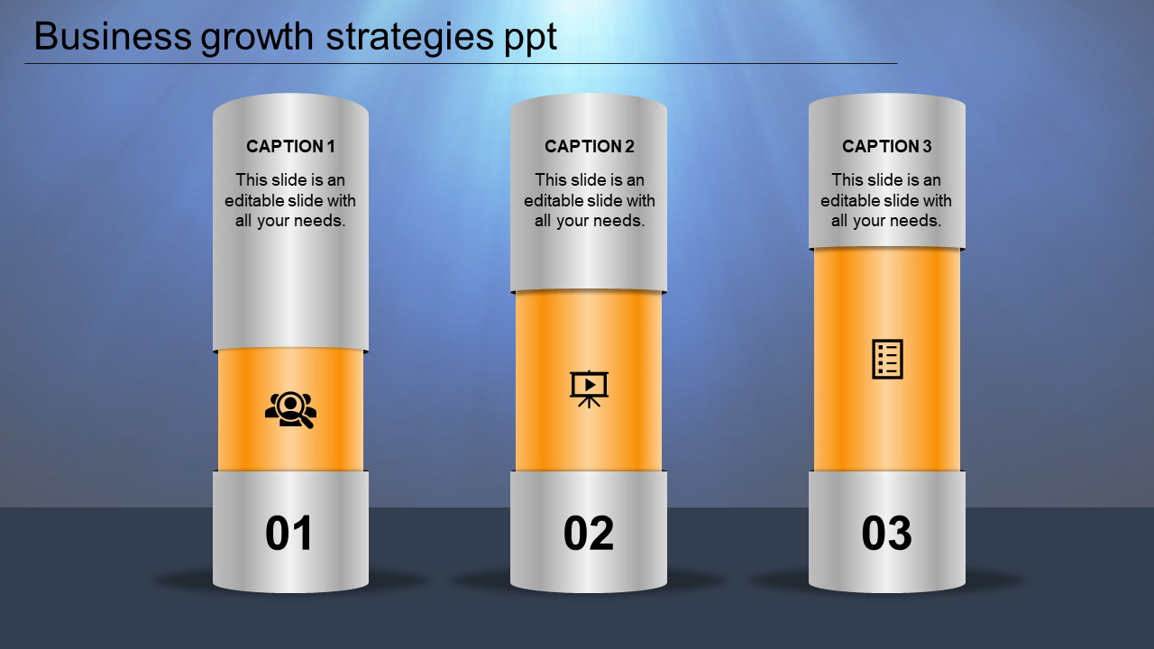 Three vertical orange and silver cylinders represent business strategies with icons and captions, set on a blue background.