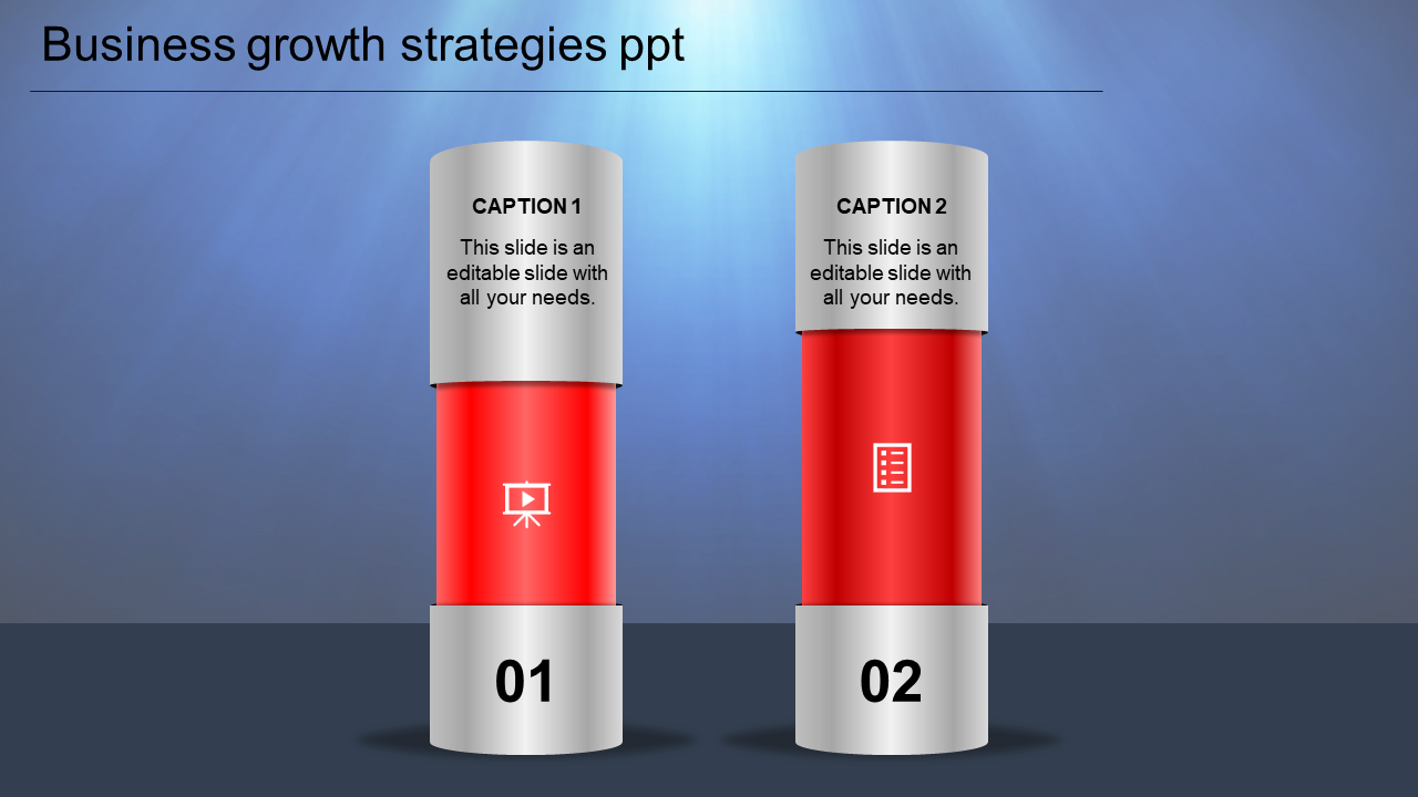 Two vertical red cylinders with silver tops and bases, each with an icon and text, placed on a gradient blue background.