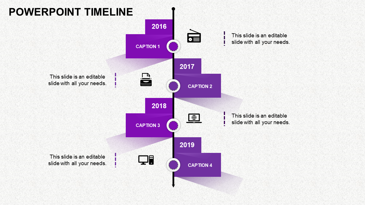 Timeline PPT template with purple milestones for the years 2016 to 2019, featuring icons for radio, laptop, and computer.