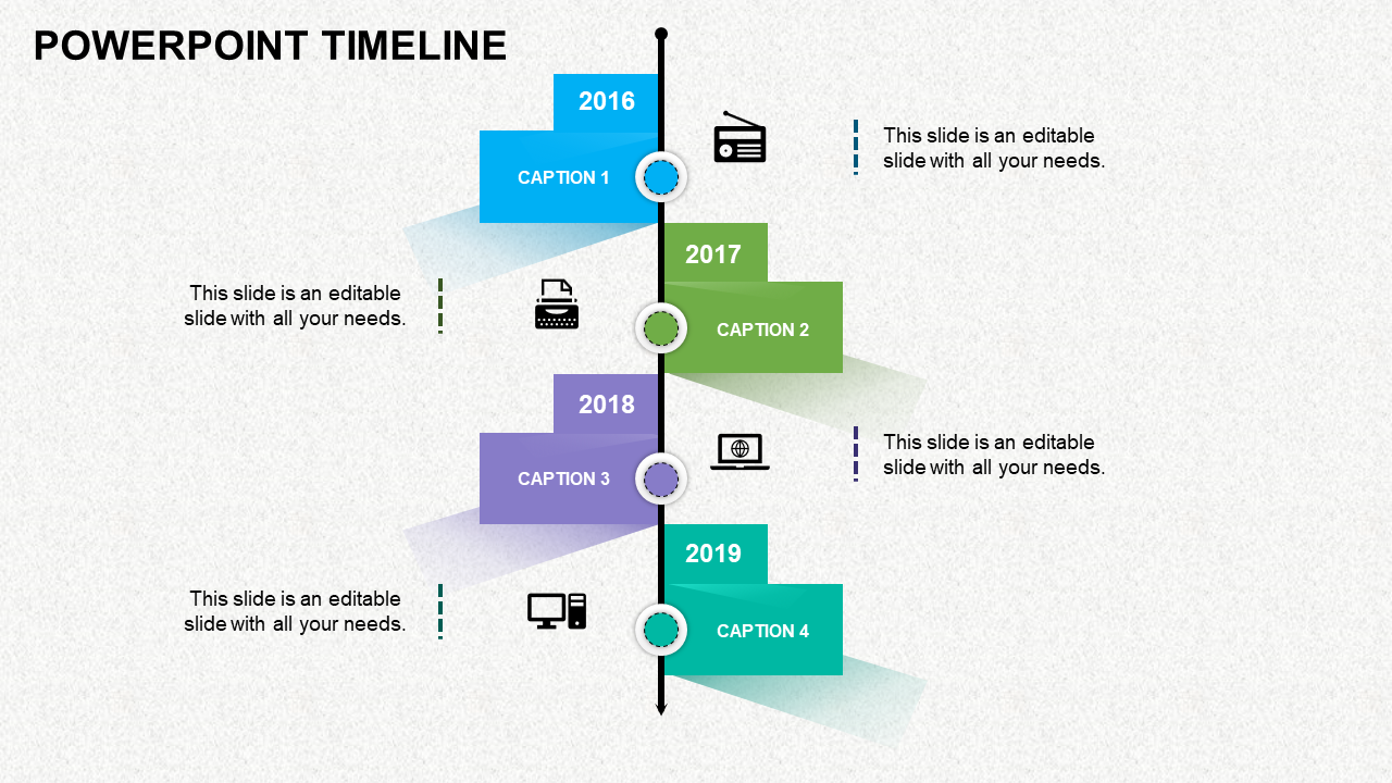 A colorful PowerPoint timeline template showcasing four years with captions and corresponding icons for each year.