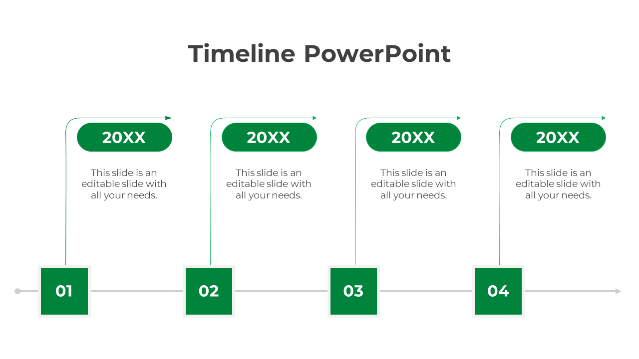 Timeline PPT slide with four milestones, each marked by a green square and labeled 20XX, with arrows indicating progression.