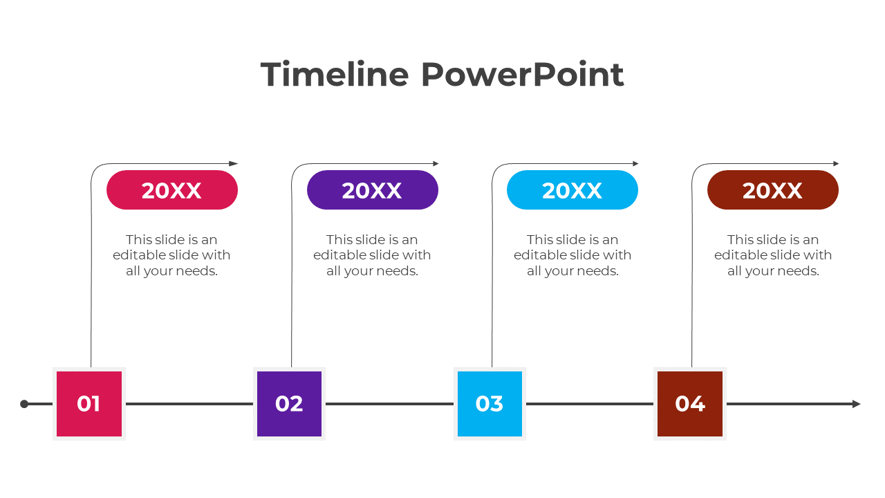 Horizontal multicolor timeline with four milestones in pink, purple, blue, and brown boxes, linked by arrows.