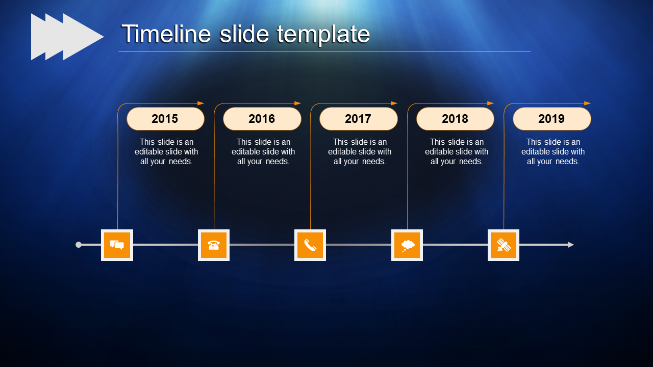 Blue gradient timeline slide showing years 2015 to 2019 with orange icons, and text boxes.