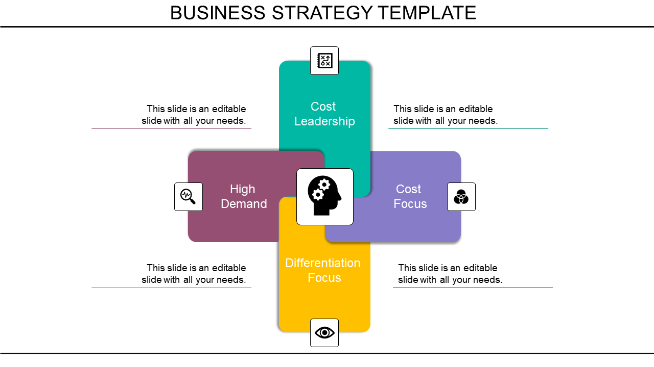 Business strategy layout with intersecting colorful rectangles in teal, purple, maroon, and yellow, each paired with icons.