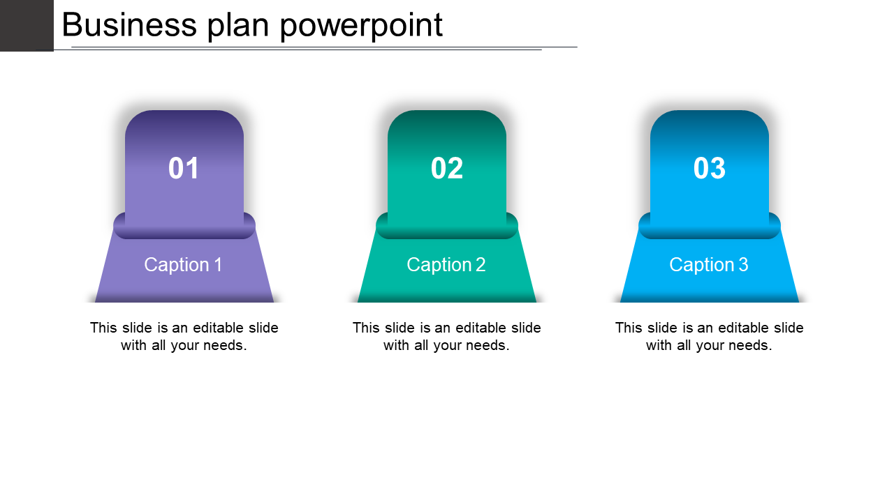 Three gradient colored podium shapes in purple, teal, and blue, each numbered with captions below on a white background.