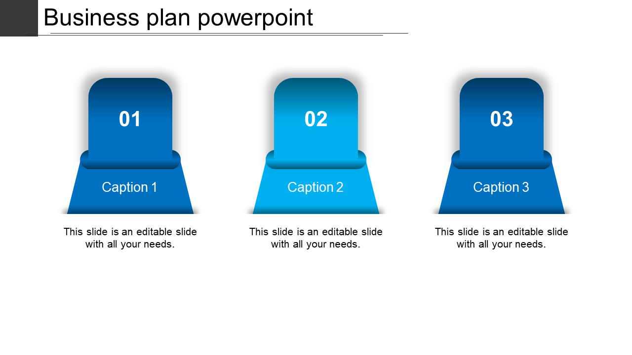 A structured business plan template with three numbered blue podium like shapes and captions below.