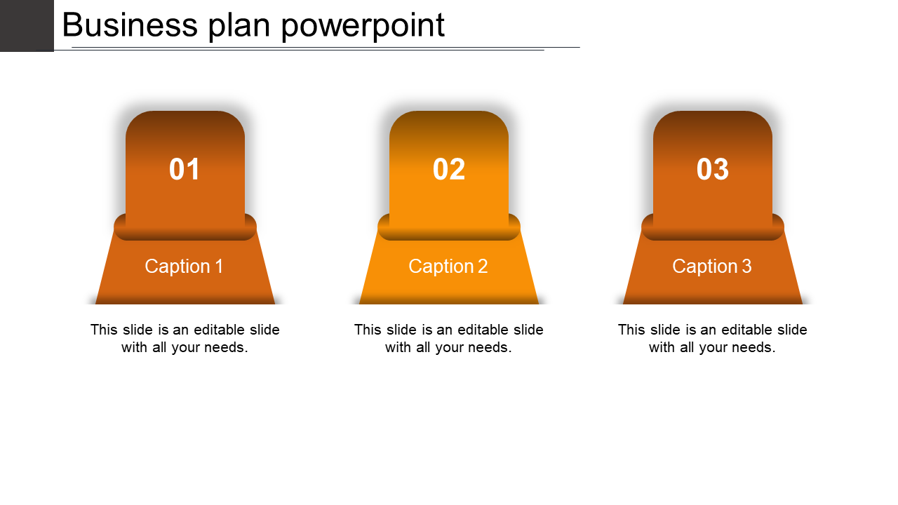 Business plan PowerPoint slide with numbered sections 01, 02, 03, and corresponding orange captions with placeholder text.