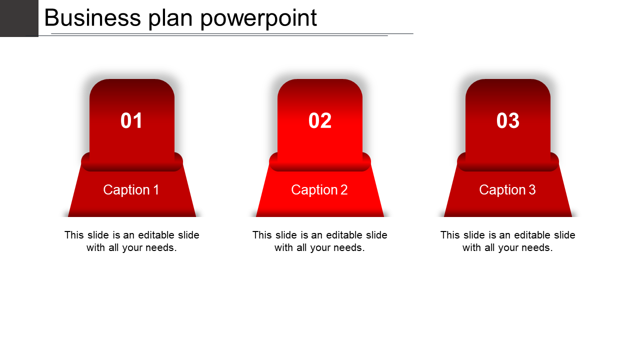 Business plan PowerPoint slide with numbered sections and three red Captions each with placeholder text.