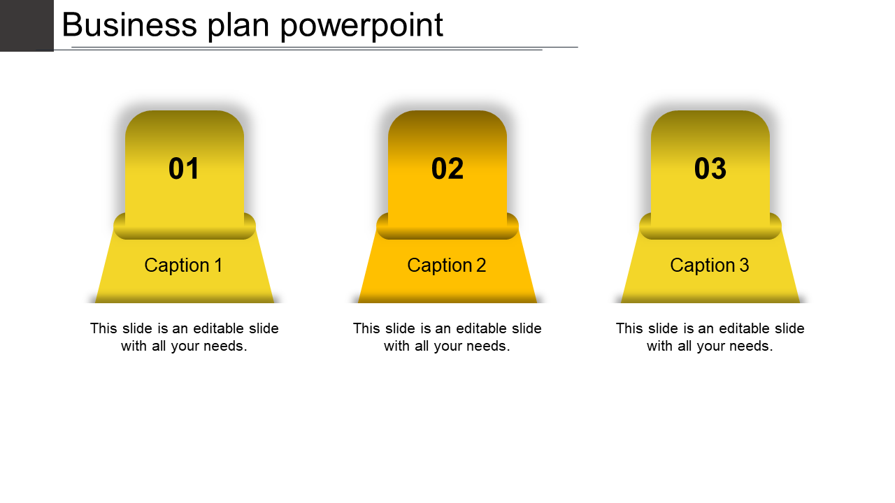 Business plan PowerPoint slide with numbered sections and three yellow Captions each with placeholder text.