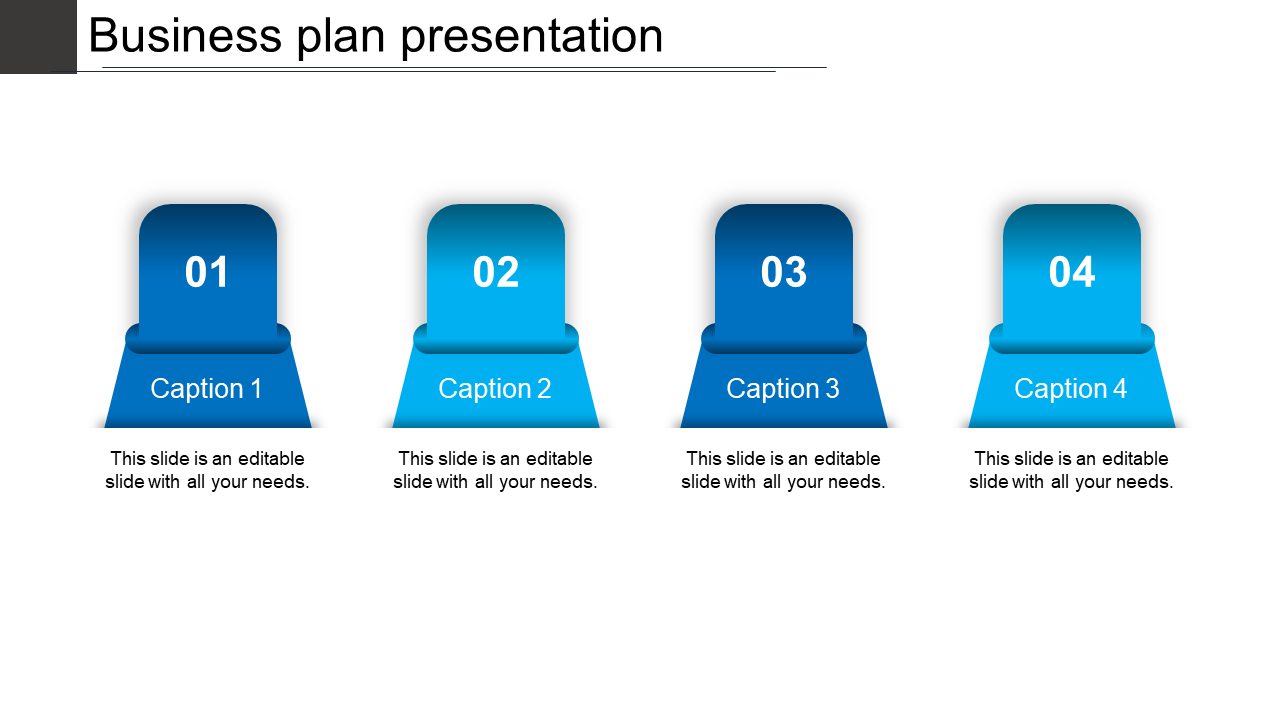 Business plan presentation slide with four sections labeled Caption 1 to 4, with blue icons and placeholder text.