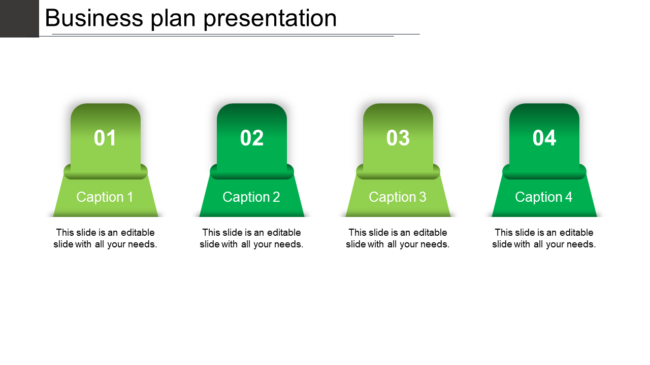 Business plan slide featuring four rounded pillar like shapes in varying shades of purple, aligned horizontally.