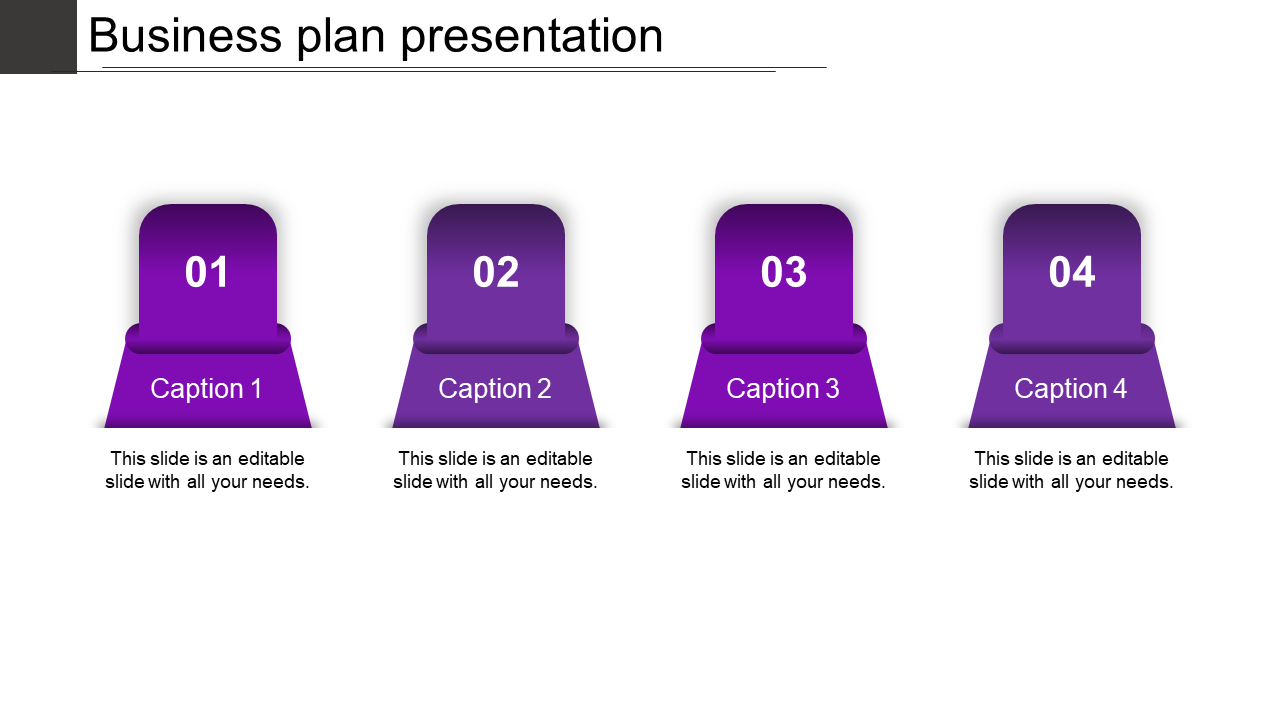 Four gradient purple podium like shapes arranged in a row, each numbered with captions below on a white background.