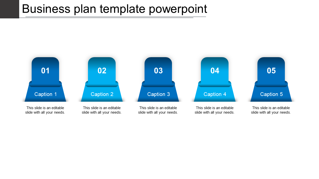 Business plan PowerPoint template featuring five numbered sections with blue icons and caption placeholders.