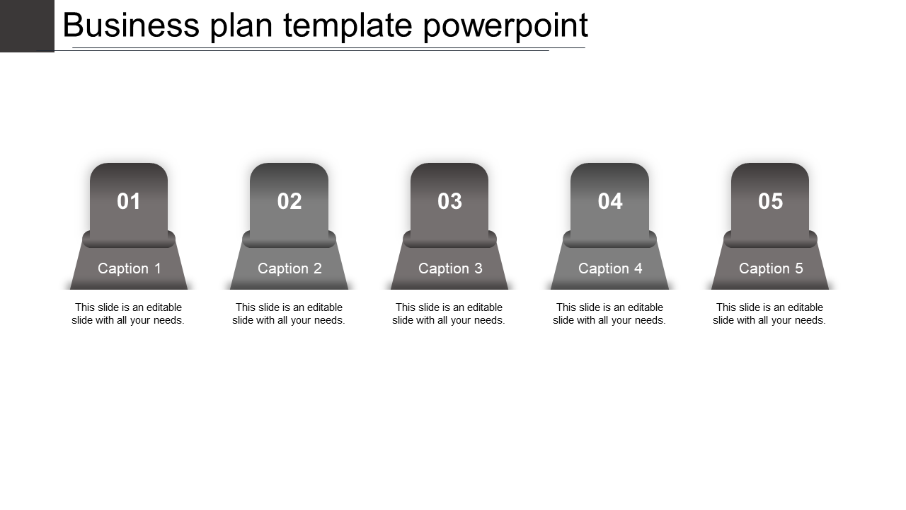 Business plan PowerPoint template featuring five numbered sections with grey icons and caption placeholders.