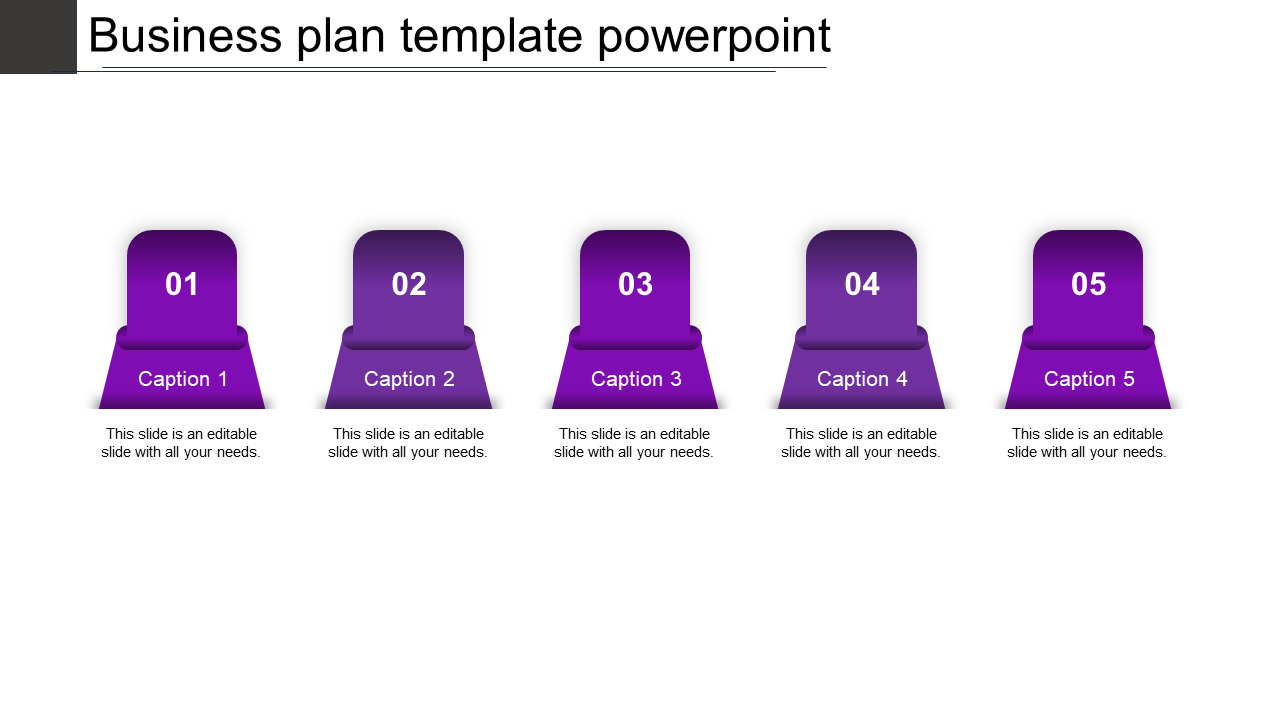 Business plan slide with five purple gradient blocks, each numbered from 01 to 05, with captions and text below.